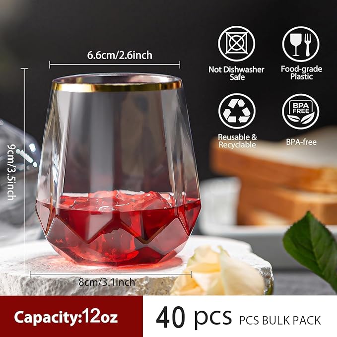 40 count Diamond Unbreakable Stemless Plastic Wine Champagne Whiskey Glasses Elegant Durable Disposable Indoor Outdoor Home office wedding bars 12 Ounce (Classic Old Fashioned Gold Rim)
