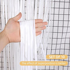 10 Pack White Foil Curtain Backdrop 3.2ft x 9.8ft Black Metallic Tinsel Foil Fringe Curtains Streamer Photo Booth Backdrop for Birthday Party Engagement Bachelorette Party Decorations (White)