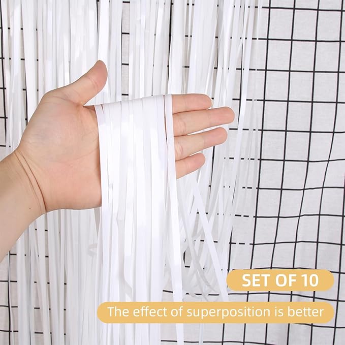 10 Pack White Backdrop Curtain 3.2ft x 8.2ft Metallic Tinsel Foil Fringe Curtains Photo Booth Background for Birthday Party Decoration Baby Shower Engagement Wedding Christmas Decoration (White)