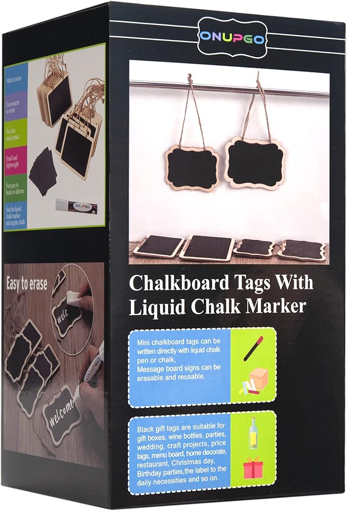 ONUPGO 16 Pack Chalkboard Tags with String, 4"x3" Hanging Chalkboard Signs with Liquid Chalk Marker, Wooden Mini Blackboard Tags Massage Board Tags, Hanging Chalkboard Price Tags