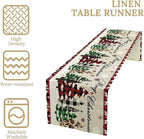 Christmas Tree Table Runner,Farmhouse Xmas Trees Buffalo Plaid Winter Snowflake Tablecloth Burlap for Hotel Indoors Outdoor Dining Room Kitchen Home Decor,W13X L90 in