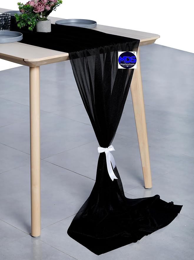 MDS 1 Pack 10ft Chiffon Table Runner 29 x 120 Inches Sheer Wedding Runner Romantic Rustic Table Runner for Wedding Decorations, Birthday Parties, Bridal Shower Party Arch Decor - Black