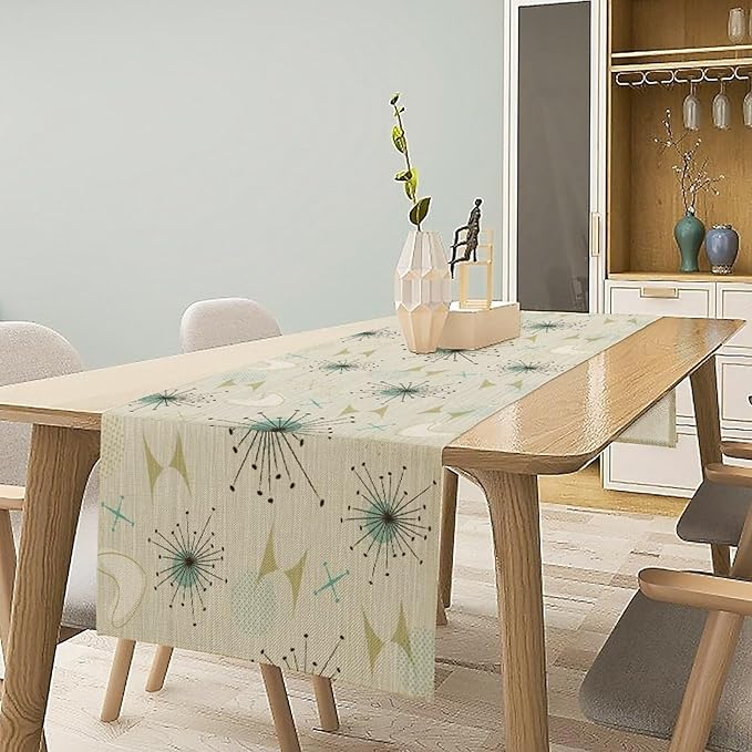 Mid Century Table Runner, Flag Retro Atomic Starburst 1950s Abstract Geometric Space Tabletop Decoration for Home Kitchen Restaurant Table Flag 13x108 Inch