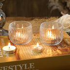Set of 6 Ribbed Glass Votive Candle Holders, Clear Glass Tealight Holders for Taper Candles - Elegant Table Centerpieces for Weddings, Christmas, Parties, and Home Decor