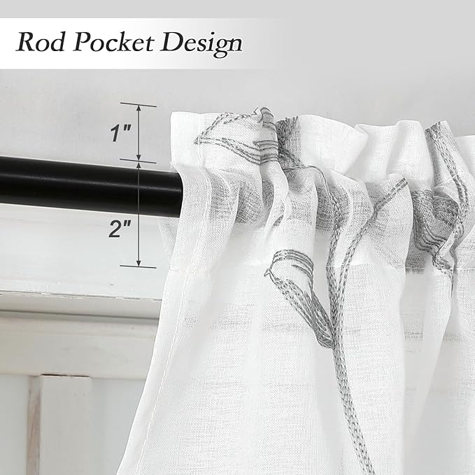 VISIONTEX Sheer Voile Curtain Valances, Decorative Leaves Embroidered, Rod Pocket Window Treatment for Kitchen/Rustic Bedroom/Living Room (54 x 16 Inch,1 Panel)