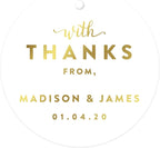 Andaz Press Personalized Round Circle Wedding Gift Tags, Metallic Gold Ink, with Thanks from, 24-Pack, Custom Made Any Name