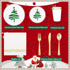 Supernal 350pcs Christmas Plastic Dinnerware Set,Christmas Plastic Plates,Gold Plastic Silverware,Gold Plastic Cups,Plastic Plates with Christmas Tree Design Suit for 50 Guests Perfect for Christmas