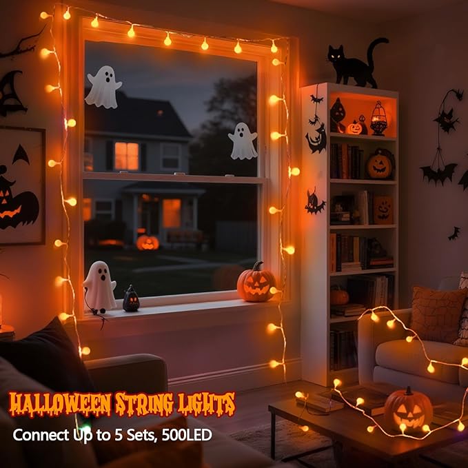 Connectable Orange Halloween Lights Outdoor Indoor - 43FT 100LED Globe String Lights Plug in with Timer, 13 Modes Fairy Light Waterproof for Party Halloween Decorations Bedroom Decor