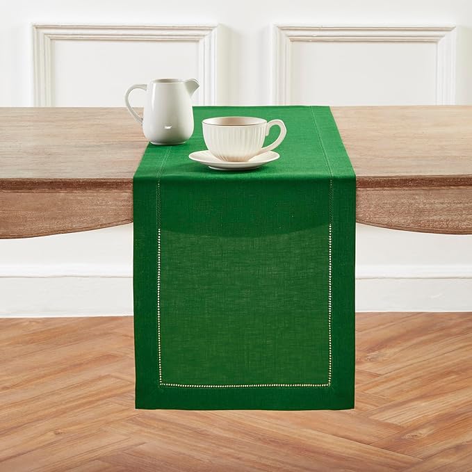 Solino Home Linen Garden Green Table Runner 72 Inches Long - 100% Pure Linen Hemstitch Table Runner 14 x 72 Inch for Dresser, Dining, Christmas - Classic Hemstitch