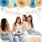Light-Dusty Blue Beige-Champagne Baby-Shower Party-Decorations - 31pcs Welcome Home Banner Sign,Boy Paper Lanterns,Neutral Streamers Garland,Boho Tissue Pom Poms Flowers Fans Backdrop Decor Burgleda