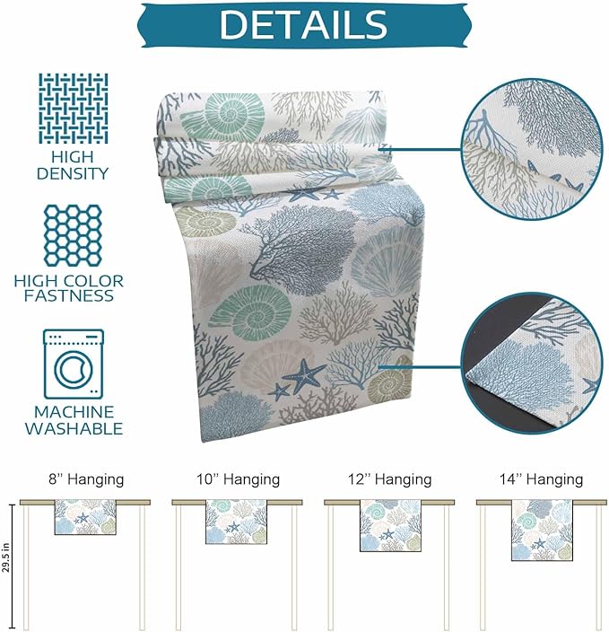 Coastal Coral Cotton Linen Table Runner for Dining Kitchen, Wedding Outdoor Party Tablerunners Decoration, Blue Nautical Starfish Ocean Shell Beach Dresser Scarf Coffee Tablecloth Runners 13x36 Inches