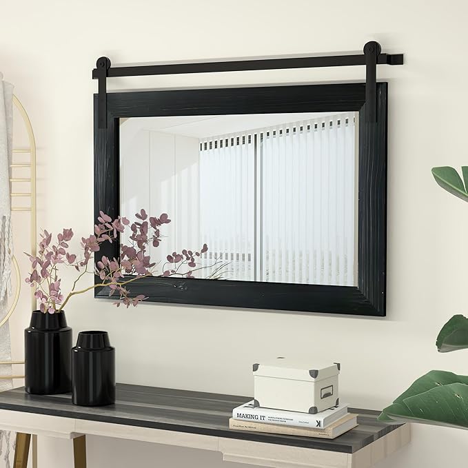 COGOOD Farmhouse Barn Door Mirror - 41" x 26" Rustic Wood Framed Wall Mirror for Bathroom, Living Room, Entryway Wall Decor (Black)