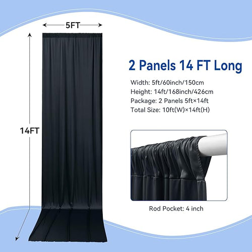 10×14ft Wrinkle Free Black Backdrop Curtain for Parties Wedding,2 Panels 5×14ft Height Soft Silky Polyester Photo Backdrop Drapes for Birthday Graduation Photography Stage Event Background Cloth