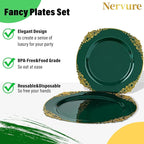 Nervure 350PCS Green Plastic Plates - Green Gold Plastic Dinnerware Sets for 50 Guests - 100 Disposable Plates, 150 Gold Silverware, 50 Cups, 50 Napkins for Wedding & Party & Christmas