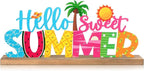 Hello Sweet Summer Metal Sign Rustic Table Decor Holiday Tiered Tray Decor with Wooden Base Freestanding Metal Word Sign for Home Tabletop Centerpiece Mantel Shelf Fireplace
