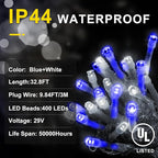 KNONEW Christmas Lights Outdoor Decorations 400 LED 33ft 8 Modes Curtain Fairy String Light with 75 Drops, Clear Wire LED String Light Indoor Decor for Wedding Party Christmas (Blue and White)