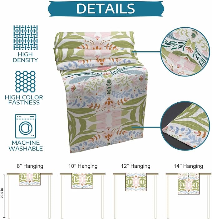 Green Blue Pink Boho Floral Cotton Linen Table Runner for Dining Kitchen, Wedding Outdoor Party Tablerunners Decoration, Retro Bohemian Botanical Dresser Scarf Coffee Tablecloth Runners 13x90 Inches