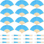12 Pieces Blue Hand Held Bamboo Folding Fans Paper Fans Handheld for Women Foldable Girls Wedding DIY Decoration Church Home Party Favors Summer