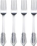 WDF 100 Piece Silver Forks Disposable - 7.48 Inch Silver Plastic Forks - Baroque Silverware for Dessert Cake - Heavy Duty Plastic Fork for Christmas Party, Wedding or Daily Using