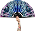 UV Glow Rave Fan, Bamboo Folding Clack Hand Fans Foldable for Men Women, Boots on the Ground Poping Fan for EDM Festival Line Dance Decoration, (Kaleidoscope Girls, Large 13")