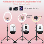 22" Foldable Ring Light with Stand for iPhone ipad, 75" Tripod with Wheels 50W 6500K LED Display/2 USB Ports Large Ringlight Rolling, Tattoo Barber Makeup Studio Video Photography Lighting(Pink)
