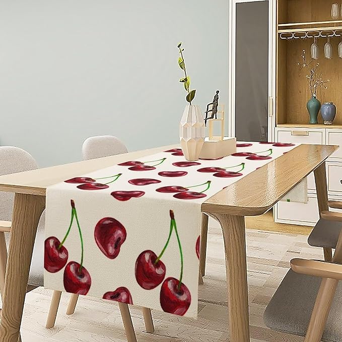 Red Cherry Table Runner Watercolor Spring Summer Wild Berry Tropical Fruit Theme Dinner Runner for Girl Baby Shower Party Holiday Home Kitchen Dining Table Decor 13x70