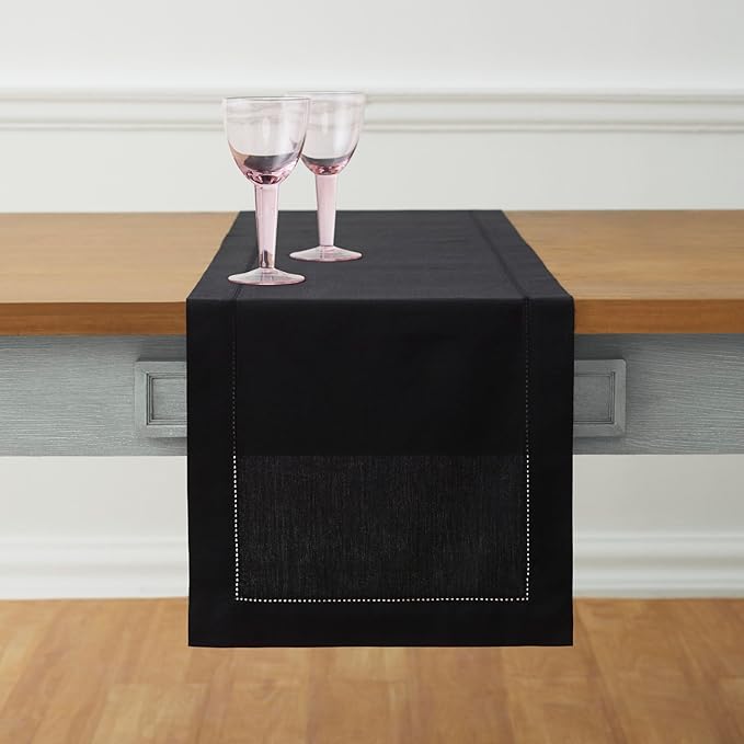 Solino Home Black Hemstitch Table Runner 60 Inches - Cotton Linen Small Table Runner 14 x 60 Inch Ideal for Dresser and Coffee Tables - Fall, Autumn, Halloween, Thanksgiving, Holiday