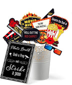 34pcs Hollywood Themed Movie Night Party Photo Booth Props, Hollywood Selfie Frame with Party Photo Props, Red Carpet Cutouts Cards Table Toppers Theme Decor Movie Night Party Supplies