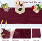 10 Pack Wine red Cheesecloth Table Runner -21*120Inch Long Boho Wedding Table Decor, Rustic Gauze Fabric Runner for Bridal Showers, Baby Showers & Parties (Sheer, Lightweight, Wrinkled Design)