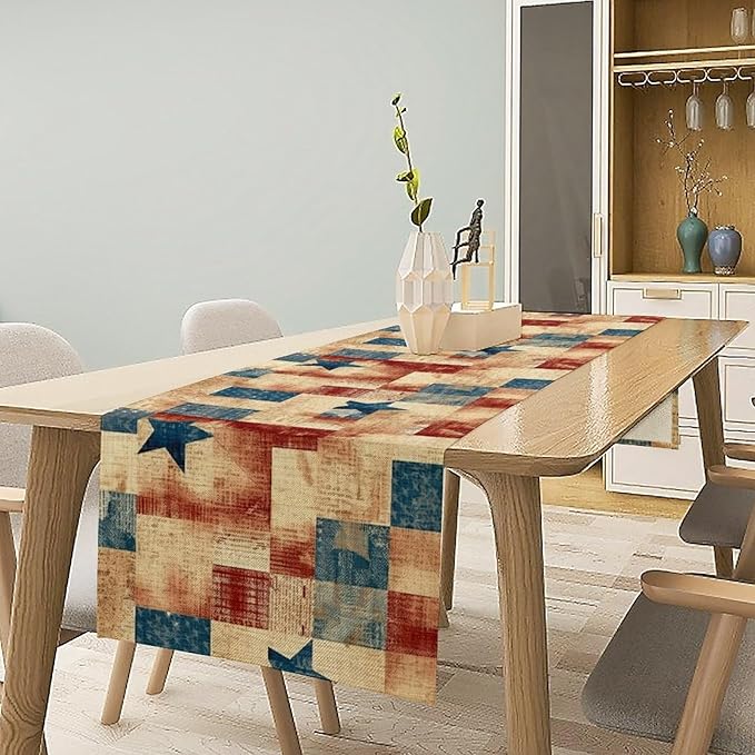 4th of July Table Runner, Rustic Vintage Country Red White Blue American Stars Independence Day Print Table Cover for Farmhouse Kitchen Dining Table Decor, 13x36inch