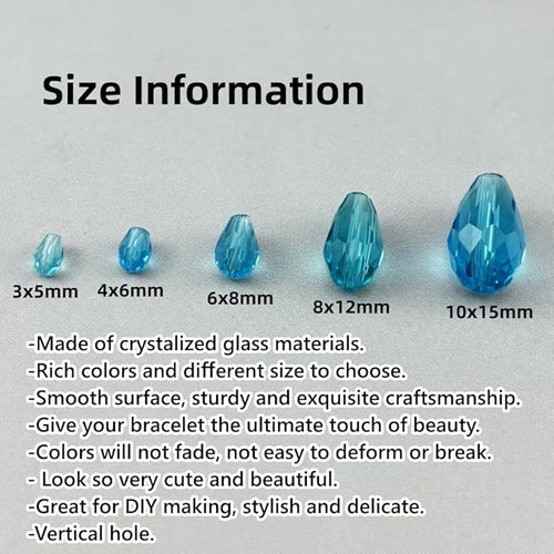 130pcs 6x8mm Teardrop Crystal Glass Beads for Jewelry Making, Faceted Vertical Hole Teardrop Glass Spacer Beads for Wind Chimes Bracelet Earring Necklace DIY Craft(Lake Blue)