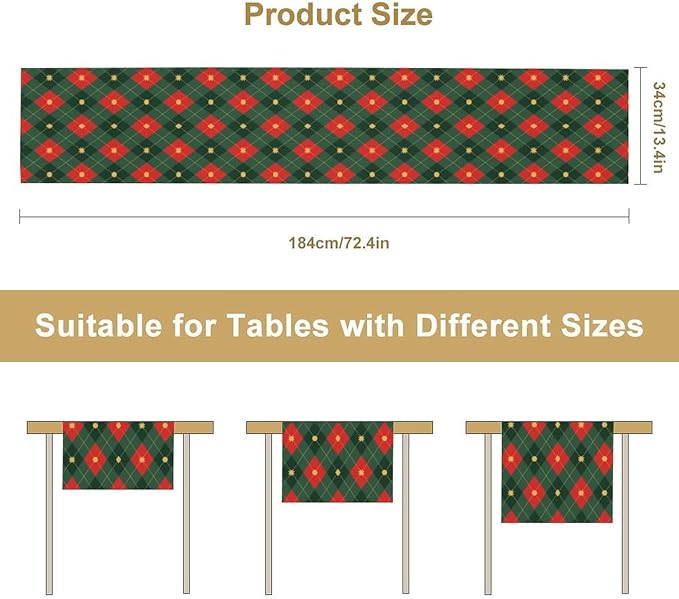 Christmas Table Runner,Green Red Xmas Plaid Table Cloth Kitchen Dining Table Decoration for Home Party Decor 13x120 Inch