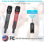 Dual Rechargeable Wireless Microphones, Pro Handheld Cordless Mics System with Echo Treble BASS VOL Control for Karaoke Singing Church Party, 1/4'' Output, Grey&Red