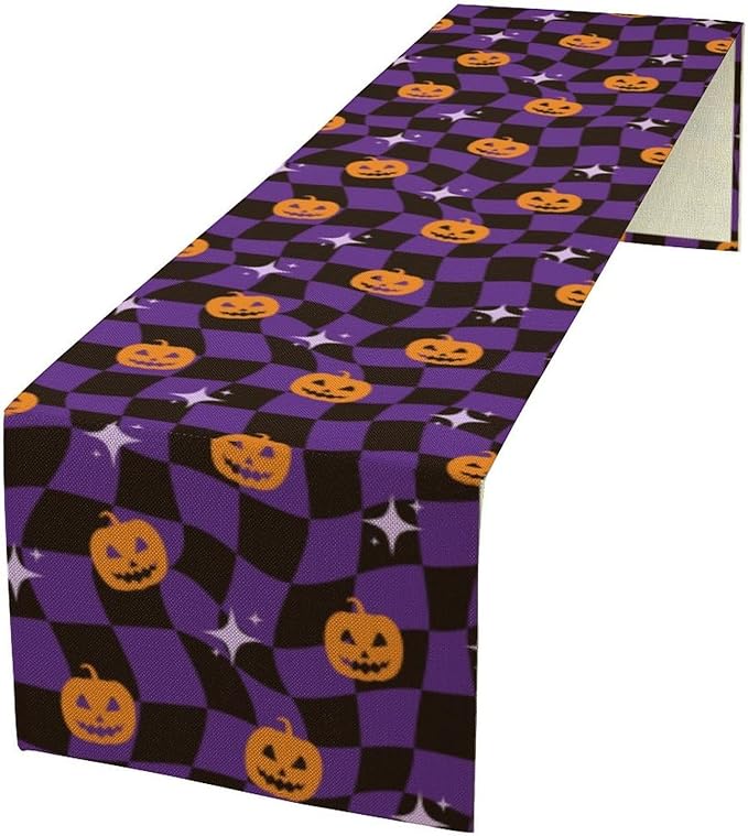 Halloween Table Runner,Purple Checkered Pumpkin Table Runner for Kitchen Dining Table Decoration Home Party Decor 13x90 Inch