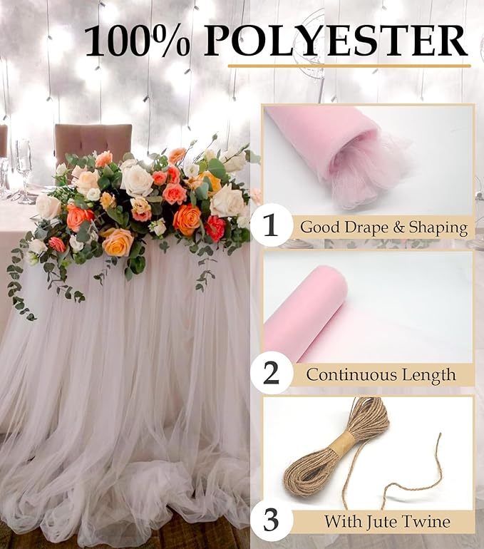 Light Pink Tulle Fabric Roll, 54" x 40 Yards (120FT) Tulle for Wedding Decoration DIY Tutu Party Valentine's Day Backdrop Baby Shower Table Skirts Gift Wrapping