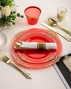 Goodluck 350 Piece Red Dinnerware Set for 50 Guests, Fancy Disposable Plates, Include: 100 Red Rim Plastic Plates, 150 Silverwares, 50 Pre Rolled Napkins, 50 Cups for Party, Wedding