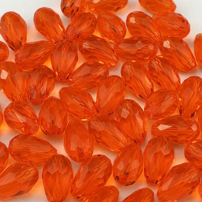 130pcs 6x8mm Teardrop Crystal Glass Beads for Jewelry Making, Faceted Vertical Hole Teardrop Glass Spacer Beads for Wind Chimes Bracelet Earring Necklace DIY Craft(Orange)