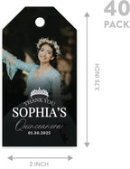 Andaz Press 40-Pack Personalized Quinceañera Favor Tags with String, Classic Thank You Gift Tags with Custom Photo Crown for Quince Años XV 15th Birthday Favor Gifts, Quinceanera Decorations
