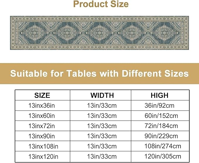 Boho Floral Vintage Table Runner, Blue Teal Retro Flower Rustic Country Farmhouse Pattern for Home Kitchen Table Decor Dining Coffee Room Party Decor 13x90in