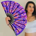 UV Glow Rave Fan, Bamboo Folding Clack Hand Fans Foldable for Men Women, Boots on the Ground Poping Fan for EDM Festival Line Dance Decoration, (Wellen, Medium 11")