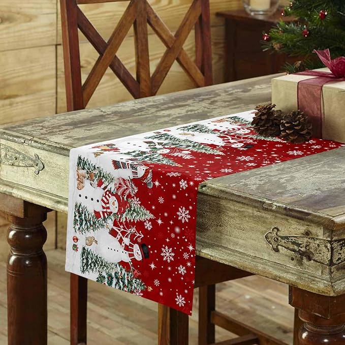 Christmas Snowman Cotton Linen Table Runner for Dining Kitchen, Xmas Tree White Snowflakes Winter Wedding Outdoor Party Tablerunners Decoration, Dresser Scarf Coffee Tablecloth Runners 13x108 Inches