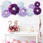 Purple Paper Flower Pom Poms Wall Decorations for Sweet Party Background, Birthday, Bachelor Party, Baby Shower, Graduations, Tea Parties