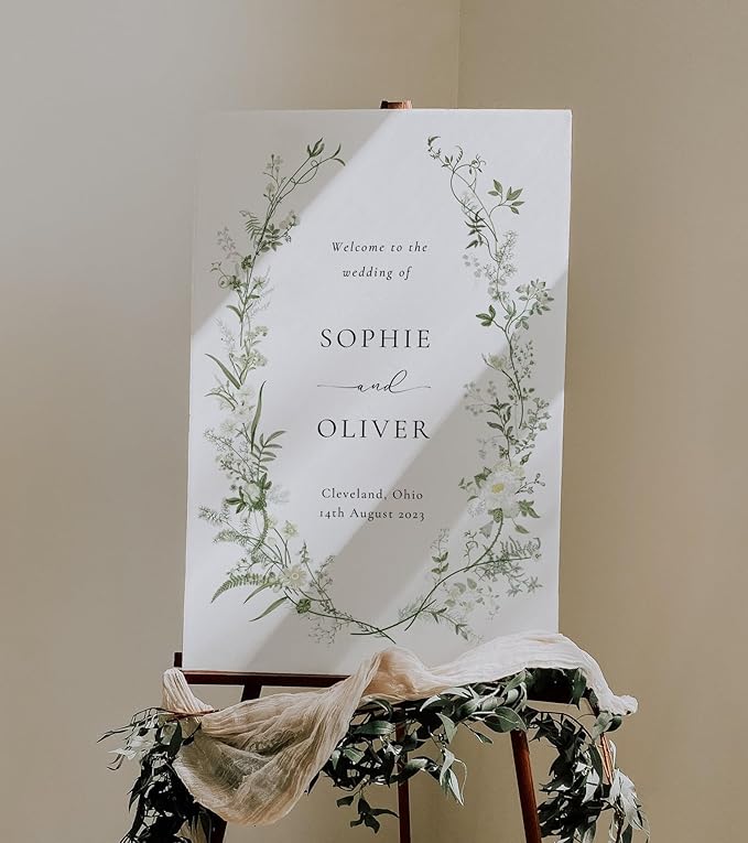 Personalized Wedding Welcome Sign, Greenery White And Green Floral Wedding Sign Signage 12" X 18" (Small), 27" (Medium), 36" (Large), Plastic, Modern, Pole Mount, Weather