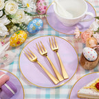 Festiva 200Pcs Purple Gold Dessert Plates 6.3" with Plastic Forks 5"- Disposable Lavender Purple Cake/Appetizer/Salad Plates - serve 100 guests for Party&Wedding&Easter