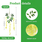12 Pack Green Wisteria Hanging Flowers Garland, 3.77 Feet Artificial Flower Vines, Fake Wisteria, Artificial Vines Hanging Garland for Backdrop Outdoor Yard Garden Decor