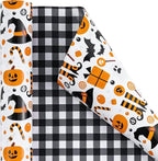 LeZakaa Halloween Wrapping Paper, Cute Pumpkin Witch Bat Candy Print, Buffalo Black White Plaid Reversible Design for Halloween, Nightmare before Christmas Holiday, Party, 17 inches x 32.8 Feet