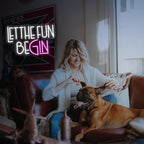 Let The Fun Begin Neon Sign USB Powered White Pink Fun Light Up Sign for Wall Decor Dimmable Led Letters Neon Light for Birthday Wedding Halloween Christmas Party Home Decor (15.8 * 11.8In)
