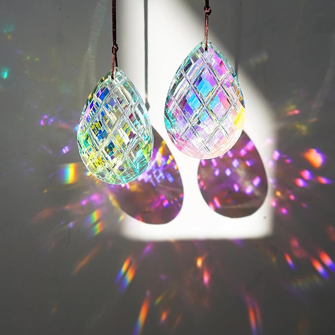 HDCRYSTALGIFTS Set 2 Crystal Sun Catcher Prisms Pendant for Window Hanging Decor,3inch AB Colored Crystal Suncatchers Rainbow Maker Light Catcher for Home Indoor Garden Ornament