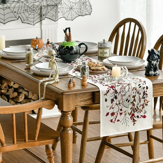 Artoid Mode Ghost Flowers Leaves 210 GSM Halloween Table Runner,Seasonal Fall Kitchen Dining Table Decoration for Home Party Decor 13x108 Inch