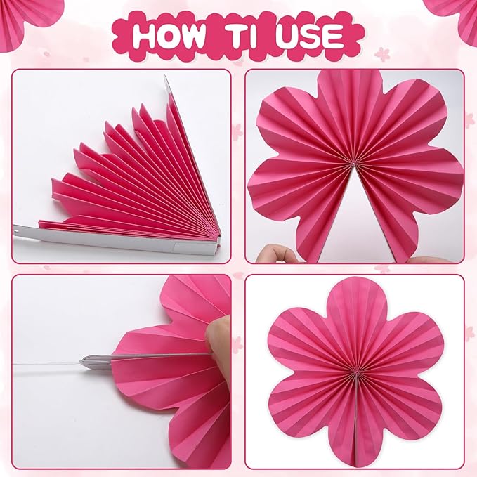 BestoFun 12 PCS Paper Flowers Fans Pink and Orange Party Decorations Paper Flowers Decorations for Wall Girl Groovy Birthday Baby Shower Wedding Bachelorette Room Hanging Décor
